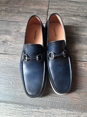 Magnanni Navy Leather Bit Slip-On Loafers